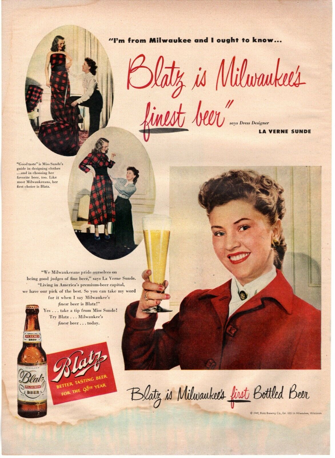 1949 Original Vintage Blatz Beer Magazine Ad 9492