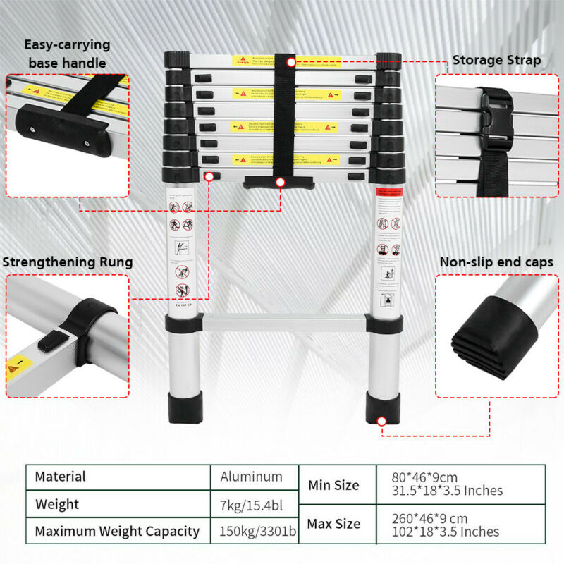 85ft Aluminum Multi Purpose Telescopic Ladder Extension Foldable 330lbs Load 